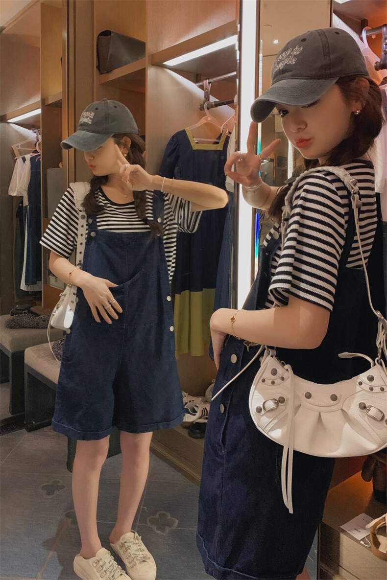 韩版时尚休闲减龄牛仔背带裤套装条纹短袖女2024新款夏季短款裤子,女装套装/套裙,浙宝285（原212）