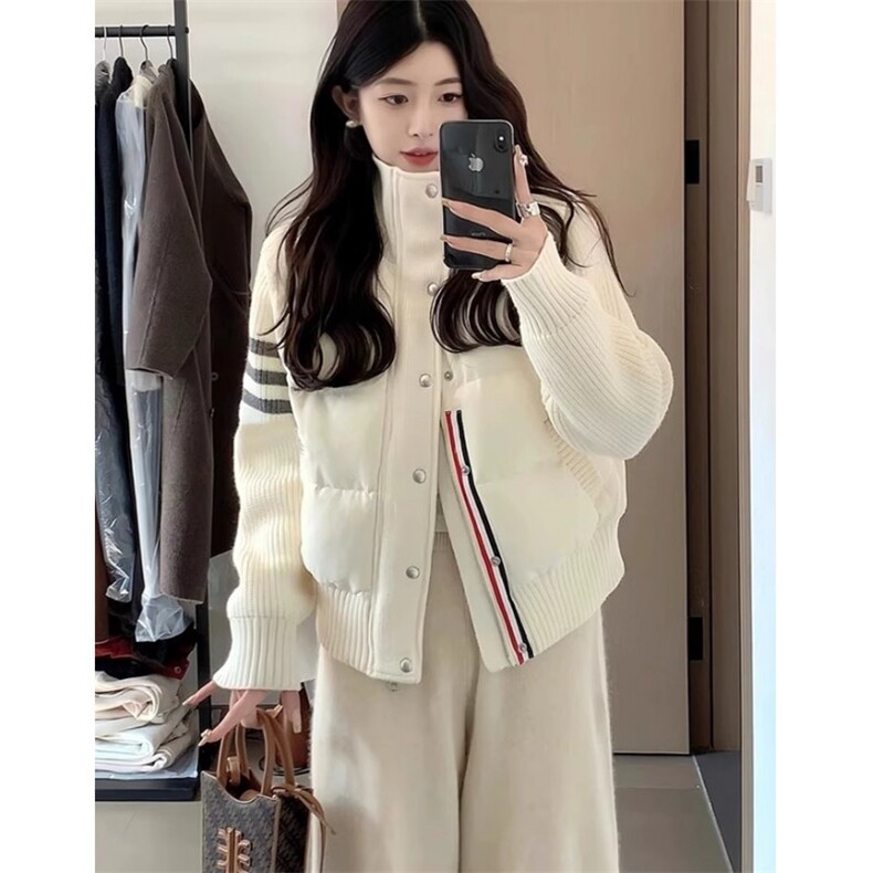白色休闲羽绒棉服女秋冬短款白色立领保暖针织外套 M619图片
