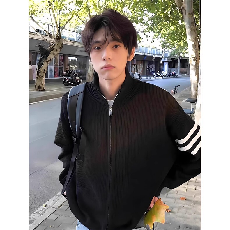 三条杠开衫毛衣男生冬季慵懒风针织衫条纹撞色少年感穿搭外套MY78图片