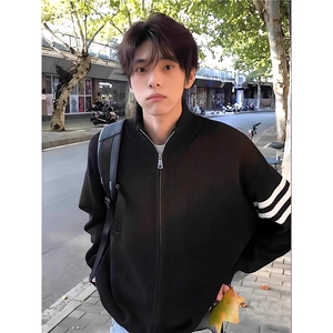 三条杠开衫毛衣男生冬季慵懒风针织衫条纹撞色少年感穿搭外套MY78图片