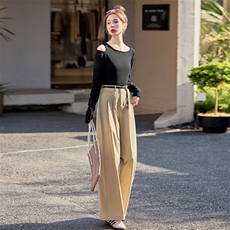 时尚气质休闲套装女2025春夏新款设计感显瘦露肩上衣阔腿裤两件套，女装套装/套裙，意芙