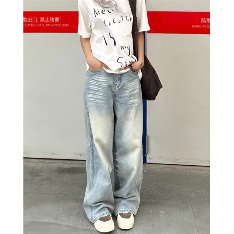 复古水洗磨白直筒牛仔裤女高街宽松显瘦阔腿坠感拖地裤N298,男装牛仔裤,星座1116A（原606A-3）