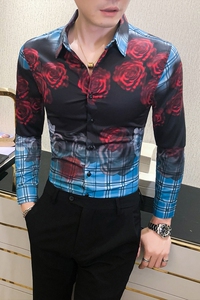 2021春秋男衬衫英伦长袖上衣印花男装韩版修身四季潮流衬衣H848-P55图片