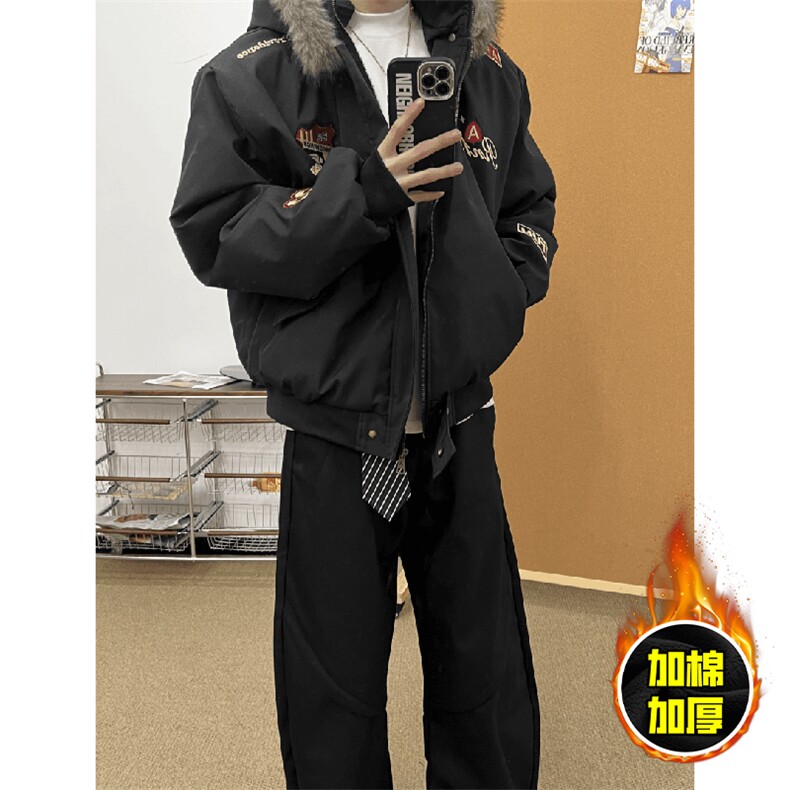现货高品质美式高街重磅刺绣座山雕大毛毛领棉衣男女加厚棉服外套,男装棉衣,电商A443