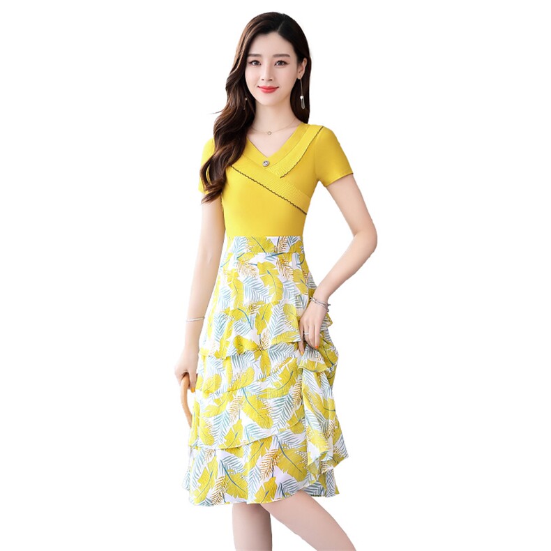 时尚气质修身连衣裙夏季新款显瘦V领短袖印花裙,女装连衣裙,鑫鑫美