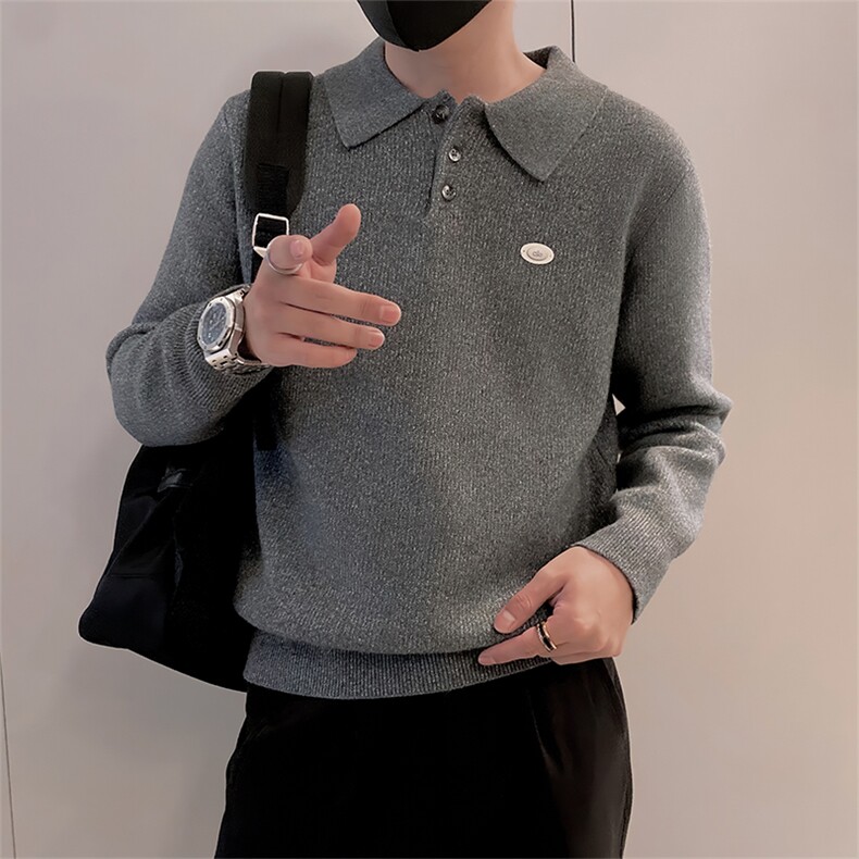 LV289/P85控115美式Polo领男款针织衫毛衣冬季百搭贴标打底深灰首,男装T恤,星座305B