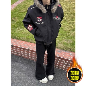 现货高品质美式高街重磅刺绣座山雕大毛毛领棉衣男女加厚棉服外套图片