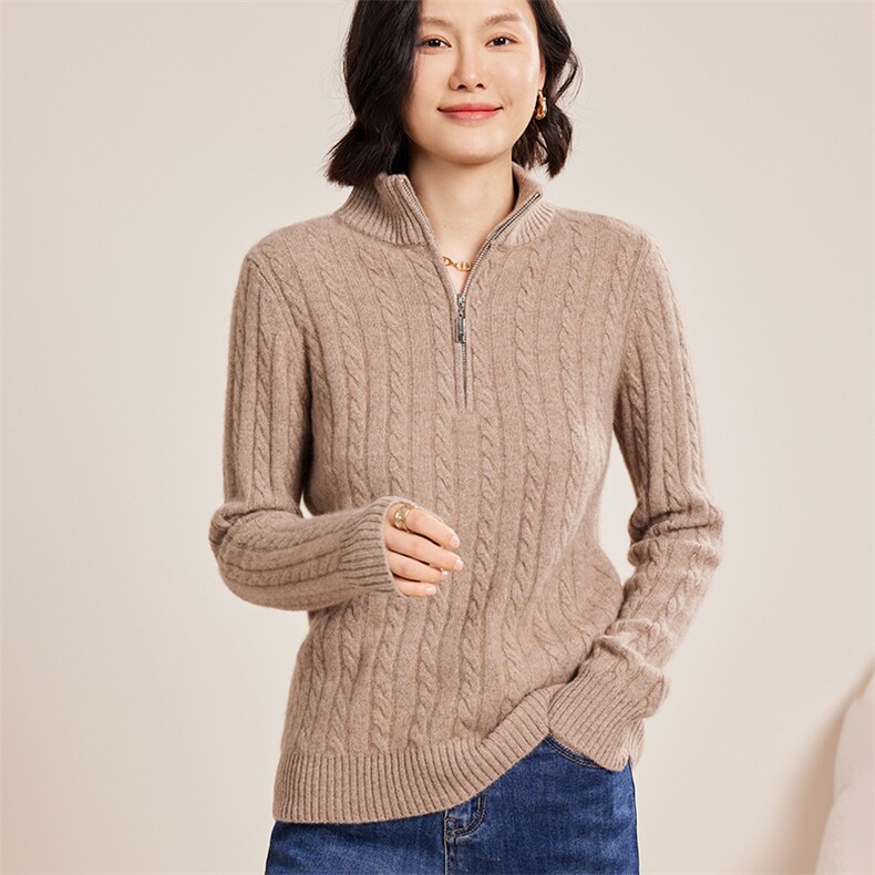 时尚百搭七针麻花半拉链女士秋冬羊绒衫30%羊绒,女装羊绒衫,名驰羊绒