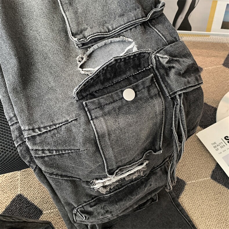美式高街重工水洗破洞牛仔裤男女春夏直筒多口袋工装裤NK61-P78,男装牛仔裤,星座308B-1