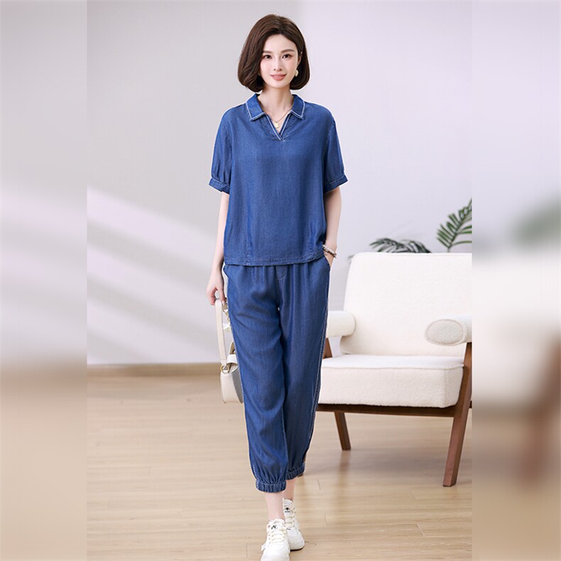 时尚显瘦牛仔套装女夏新款韩版宽松短袖上衣高腰长裤两件套,女装套装/套裙,叶笙衣