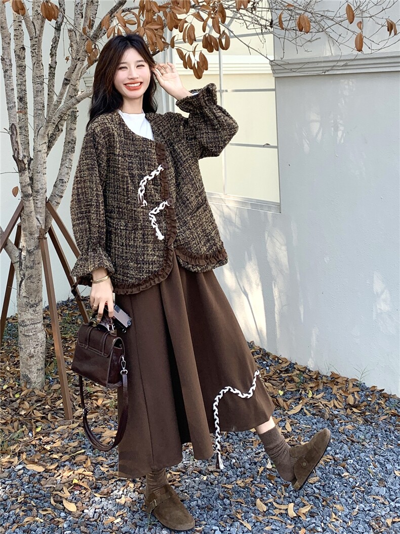 美拉德复古小香风套装裙女冬2025新款木耳边拼接外套半身裙两件套,女装套装/套裙,2C032