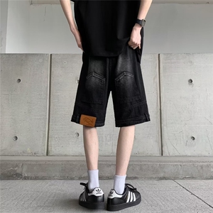 美式倒装牛仔裤男高街vibe宽松直筒短裤潮牌休闲五分裤55077-p45图片