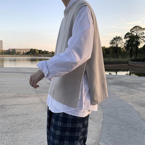 设计感男装一片式两侧开叉无袖背心打底针织衫轻熟风马甲 S3/P50图片