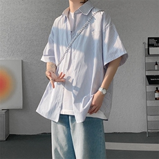 8XL-M条纹短袖衬衫男夏季宽松慵懒风痞帅大码衬衣外套DC28001P40，男装衬衫，电商B312