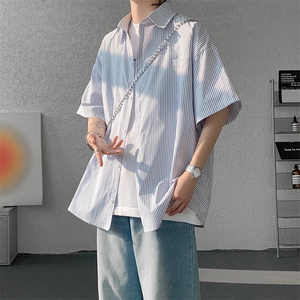 8XL-M 条纹短袖衬衫男夏季宽松慵懒风痞帅大码衬衣外套DC28001P40图片