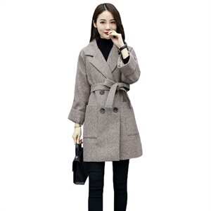 冬装新款毛呢外套女时尚双排扣中长款西装领（配腰带）图片