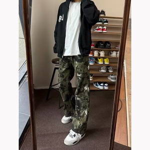 日系潮流百搭气质简约慵懒新款ins无品牌原宿绿色蛇纹牛仔裤流行图片