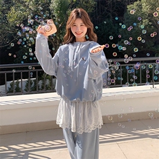 现货--蕾丝边拼接蓝色卫衣运动套装女春秋2025新款两件套，女装套装/套裙，浙宝203