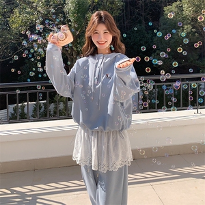 现货--蕾丝边拼接蓝色卫衣运动套装女春秋2025新款两件套图片