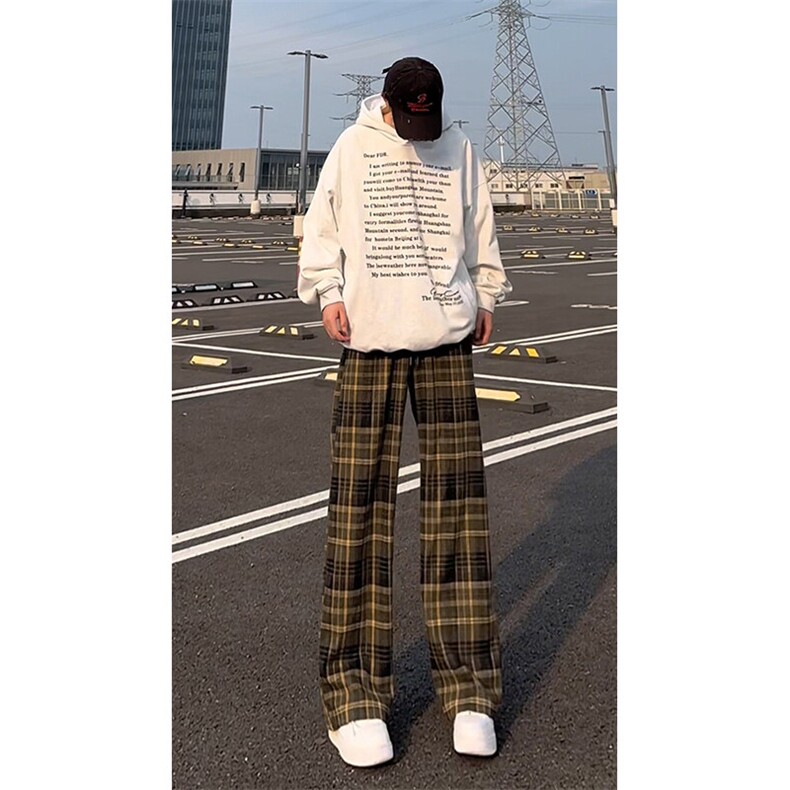 春季新款Q2486-TP4068港风复古直筒阔腿裤休闲百搭格子长裤，男装休闲裤，电商A102