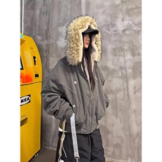 现货重磅boxy短款棉衣座山雕大毛毛领男女棉服水洗工装厚外套，男装棉衣，电商A443