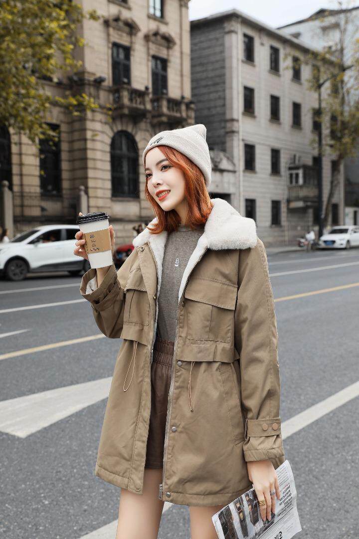 2021早冬上新拼毛领双口袋腰间抽绳设计派克服，女装，红雀纺