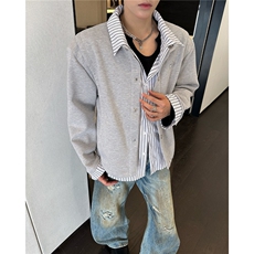 cleanfit假两件条纹拼接衬衫卫衣男衬衣痞帅开衫外套WB588-P53，男装衬衫，星座412-3