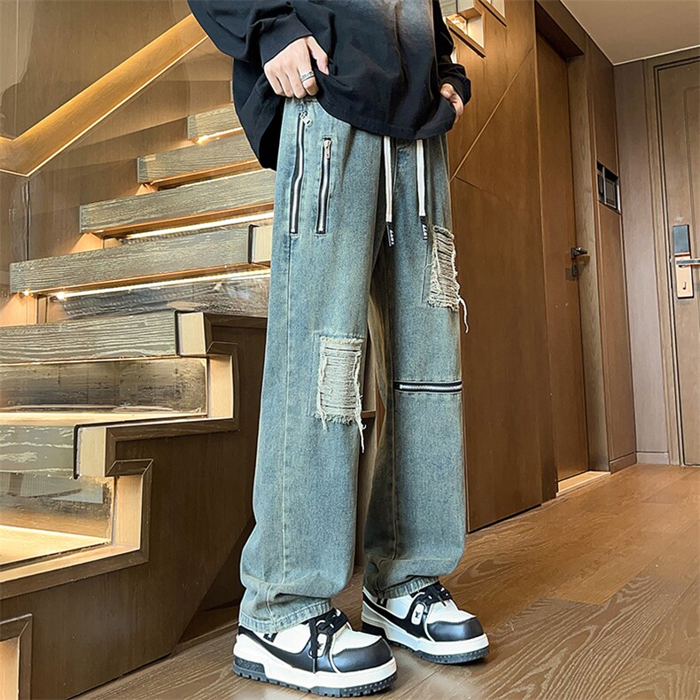 A158-K6005-P53秋冬新款多拉链破洞牛仔裤,男装牛仔裤,电商A158