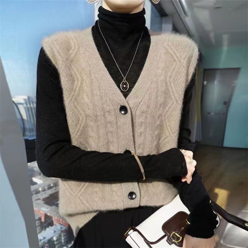 秋冬款重工女开衫菱形马甲弹力大宽松叠穿外搭背心马甲外套,女装马甲,萱芳婷羊绒
