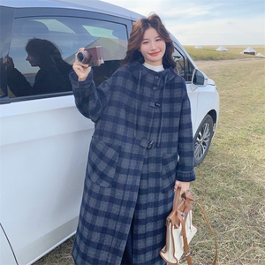 深蓝色复古格纹双面呢连帽大衣女2025秋学院风宽松休闲中长款外套图片