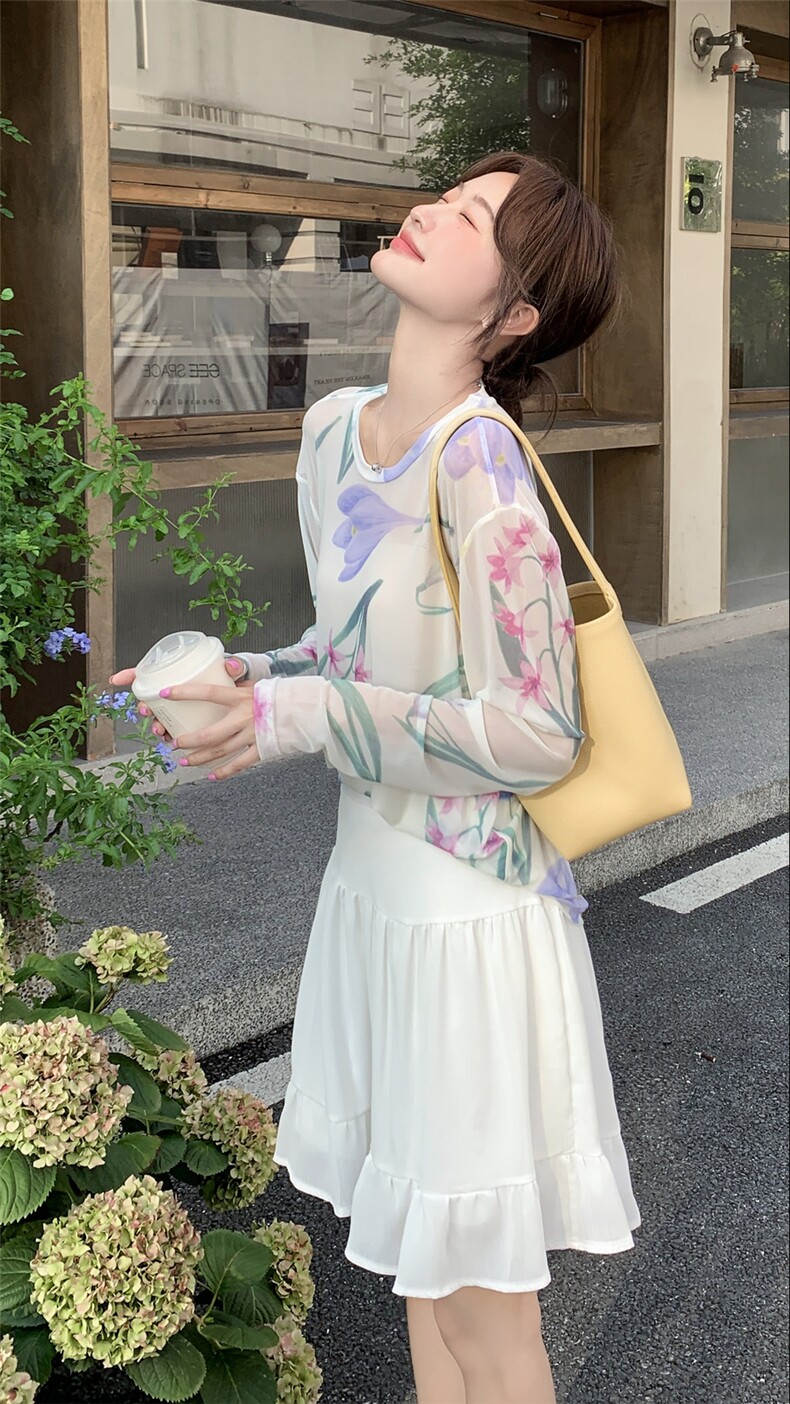 韩版氛围感印花防晒套装女2025夏季新款甜美显瘦高腰半身裙两件套,女装套装/套裙,2D148