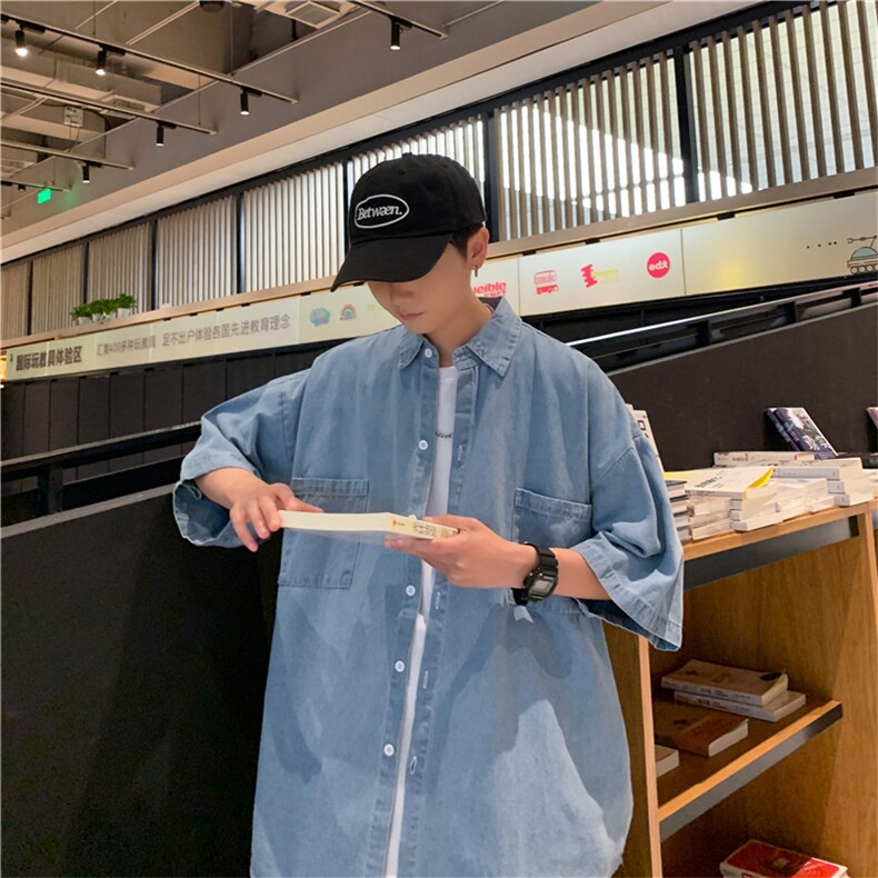 夏季潮牌牛仔衬衫男短袖韩版潮流宽松百搭日系休闲衬衣CS051-P40，男装衬衫，星座1008
