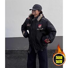 现货高品质美式高街重磅刺绣座山雕大毛毛领棉衣男女加厚棉服外套，男装棉衣，电商A486