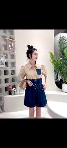 夏季新款牛仔衬衣拼接连体裤，女装连体裤，二分之一