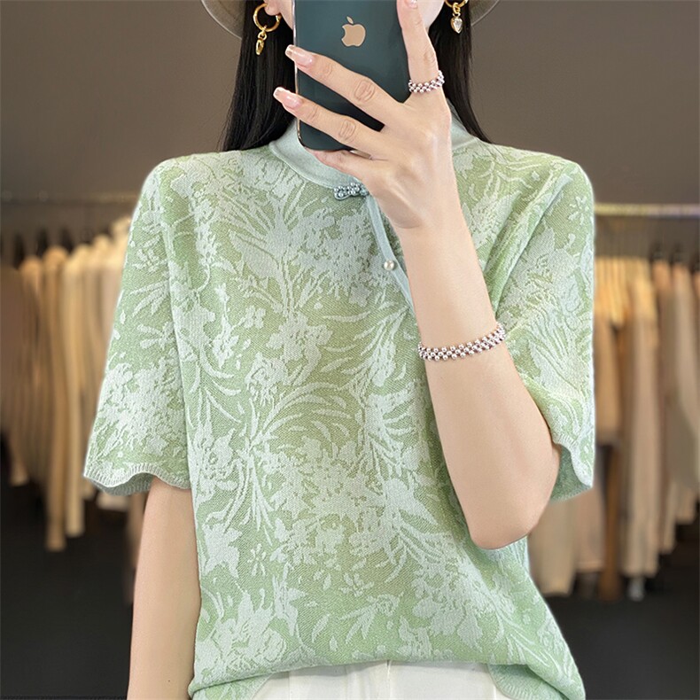 2025年夏季不连帽女士旗袍领时尚百百搭通勤休闲短袖,女装T恤,森墨
