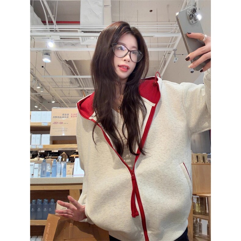 撞色拉链开衫连帽卫衣男款秋季cleanfit宽松休闲情侣外套JK510，女装短外套，星座516A