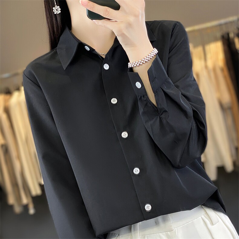 2025年夏季POLO领修身型休闲落肩袖套头长袖纯色时尚百搭衬衫,女装衬衫,佳绒高端店