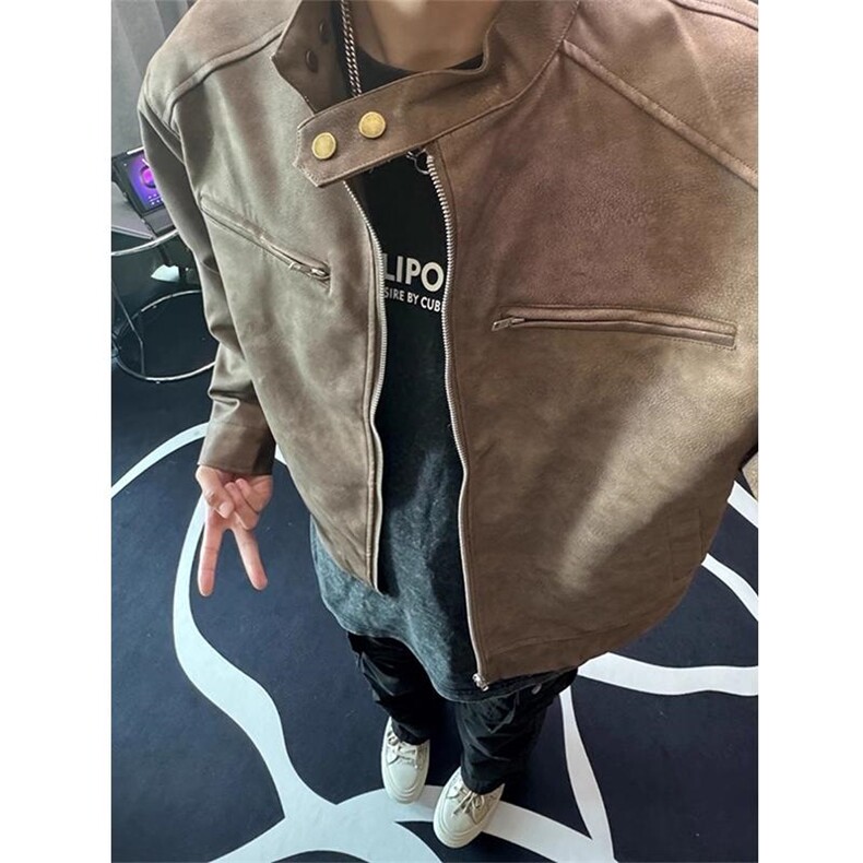 网图美拉德美式咖色皮衣外套男高级感飞行夹克机车情侣棒球服，男装皮衣，四季星座505