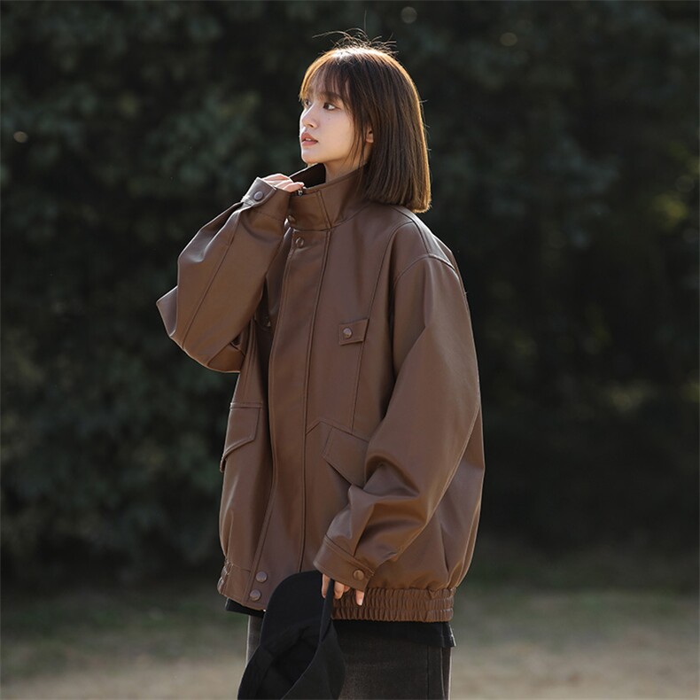 春季数据款 机车PU皮夹克翻领宽松男女同款外套 6622-P78图片