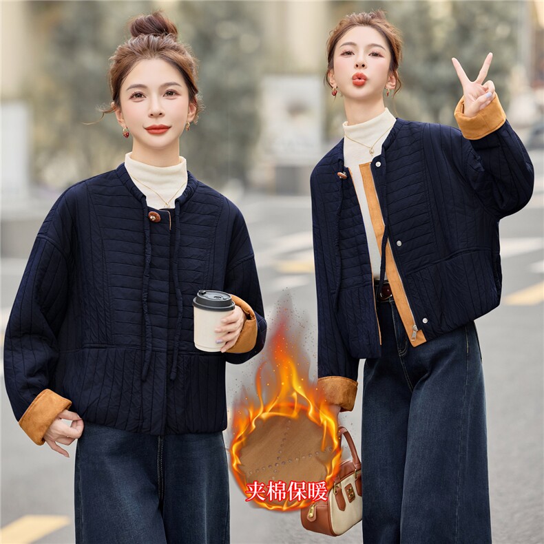 时尚圆领撞色短款棉服女2025冬新款休闲宽松保暖棉衣夹棉加厚外套,女装棉衣/棉服,余墨
