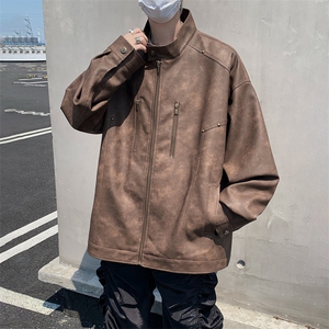 立领机车外套男春秋美式痞帅青年铆钉复古做旧皮夹克JK0193-P88图片