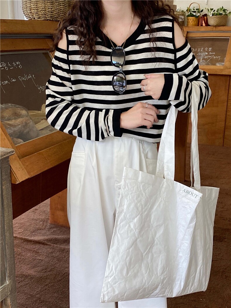 露肩条纹长袖T恤女宽松休闲百搭上衣,针织衫/毛衣,伟祺羊绒