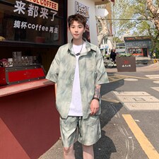 2026美式扎染印花冰丝凉感短袖碎花衬衫薄套装TZ5655/特P45绿，男装T恤，电商A094