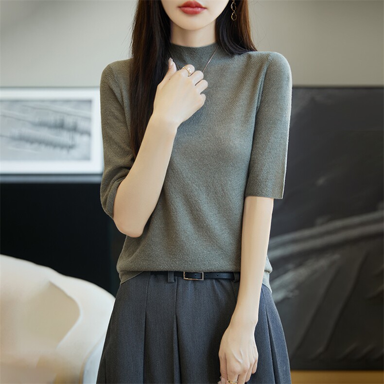 针织衫女夏薄款小众设计感短款修身显瘦半高领中袖紧身弹力打底衫,女装羊毛衫,朝思羊绒