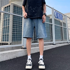 牛仔短裤男士夏季日系宽松水洗复古阔腿五分裤男休闲中裤~MK062，男装牛仔裤，星座601-2
