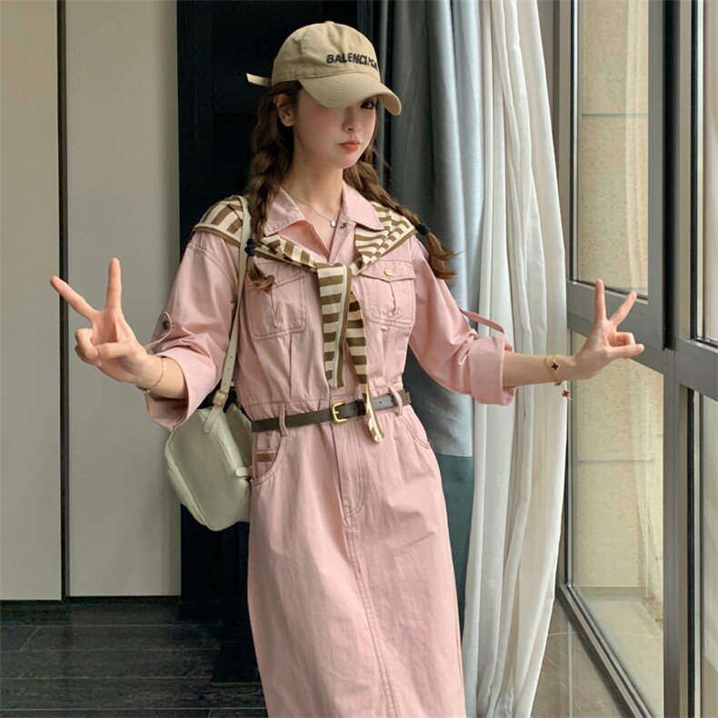182-8569-P135-K188-粉色设计感带披肩收腰连衣裙,女装连衣裙,帛香坊
