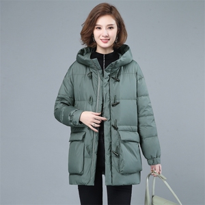 2022年冬季新款保暖白鸭绒羽绒服女中长款连帽韩版休闲外套女开衫图片