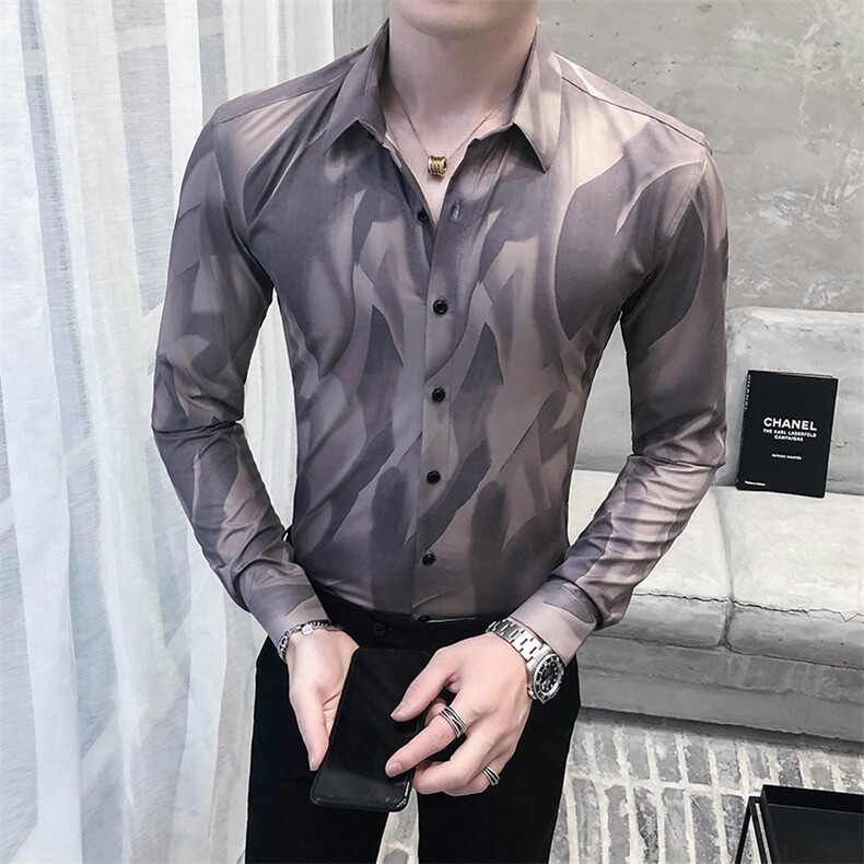 312A-5-287-P55 长袖高级感秋季休闲英伦发型师韩版纯色男士衬衣图片
