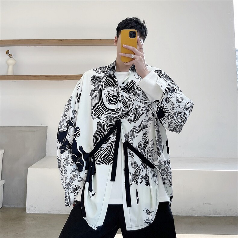 原创潮流复古个性印花袢带设计宽松长袖衬衣2354,男装衬衫,电商A246