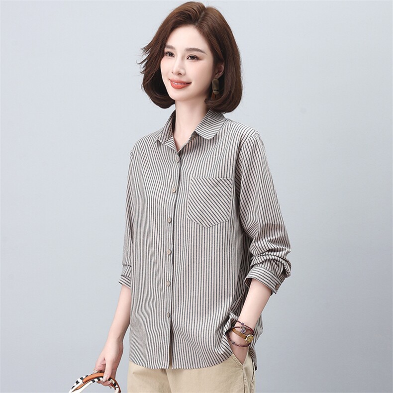 条纹衬衫女2025年春秋新款时尚休闲中年妈妈简约百搭薄款长袖衬衣，女装衬衫，独衣靓